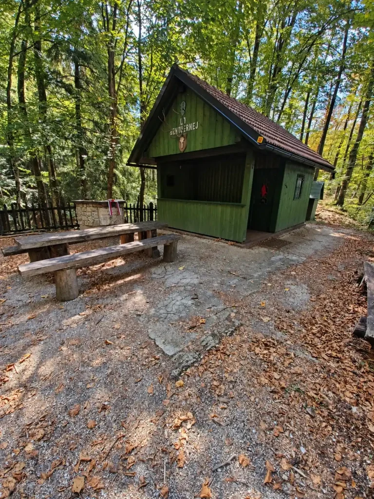 Žumberak and Gorjanci – two-day guided hiking tour A green wooden hut with a tiled roof and picnic benches in the forest.